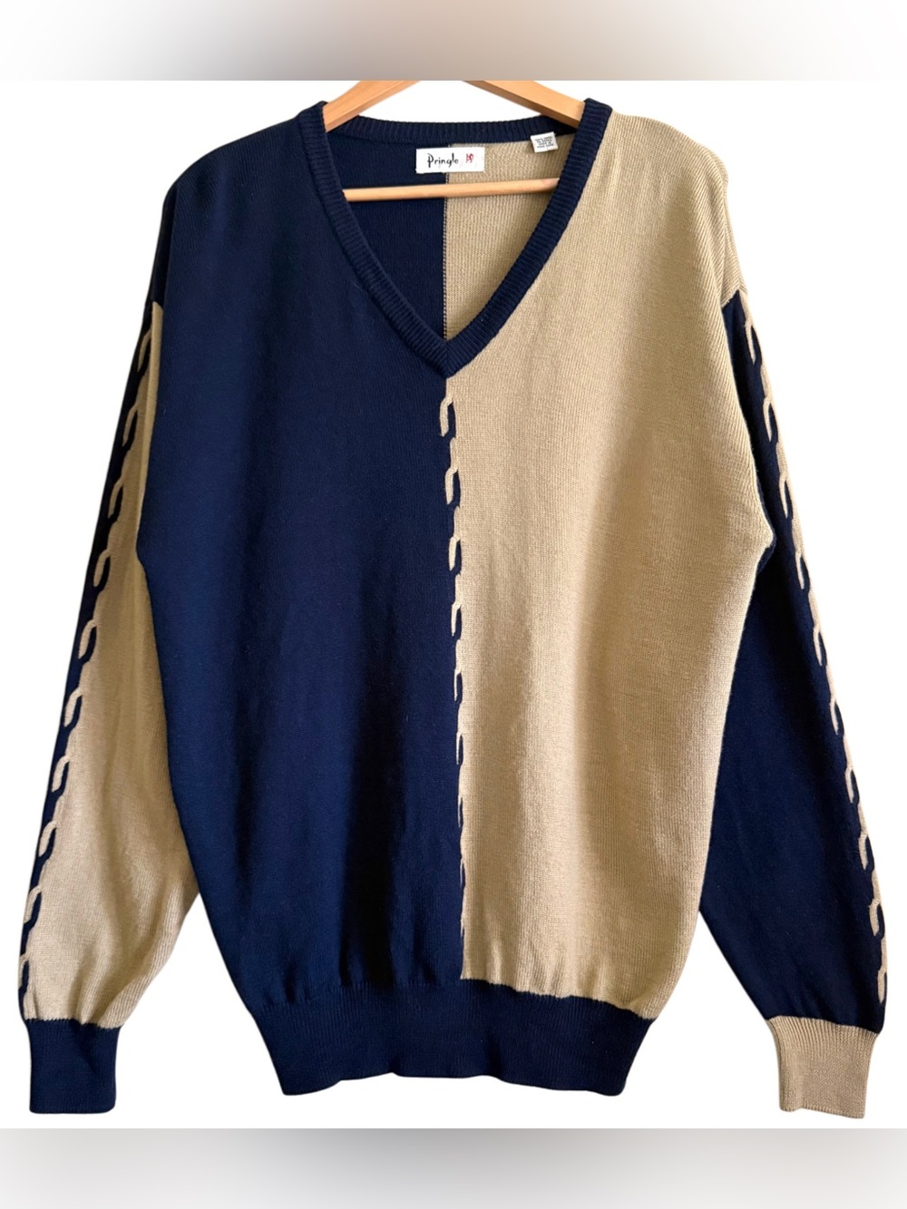 PRINGLE OF SCOTLAND 100% Wool Preppy Relaxed-Fit Colorblock V-Neck Sweater L/XL